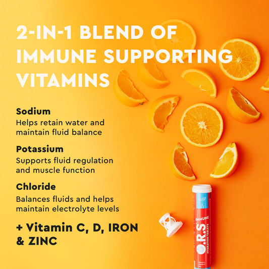 O.R.S Immunity explained and orange flavoured tablets tube