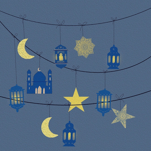 Illustration of blue and gold Ramadan-themed decorations hanging on strings against a textured blue background, including lanterns, crescent moons, stars, and a mosque silhouette.