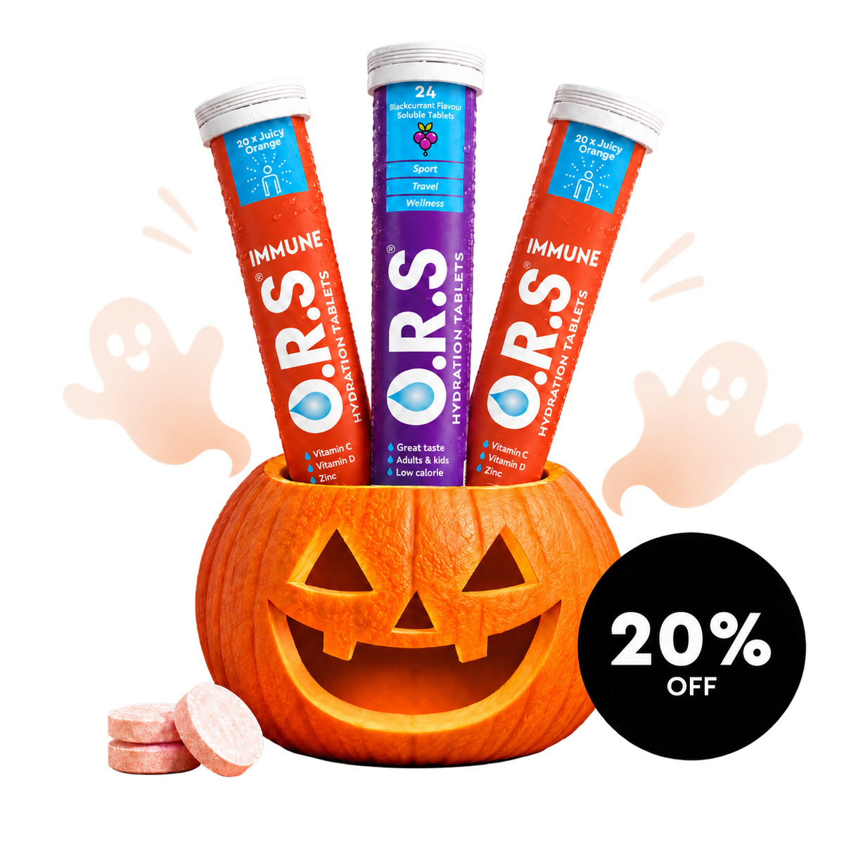 Two O.R.S Immune Juicy Orange tubes and one Original Blackcurrant tube in a Halloween pumpkin