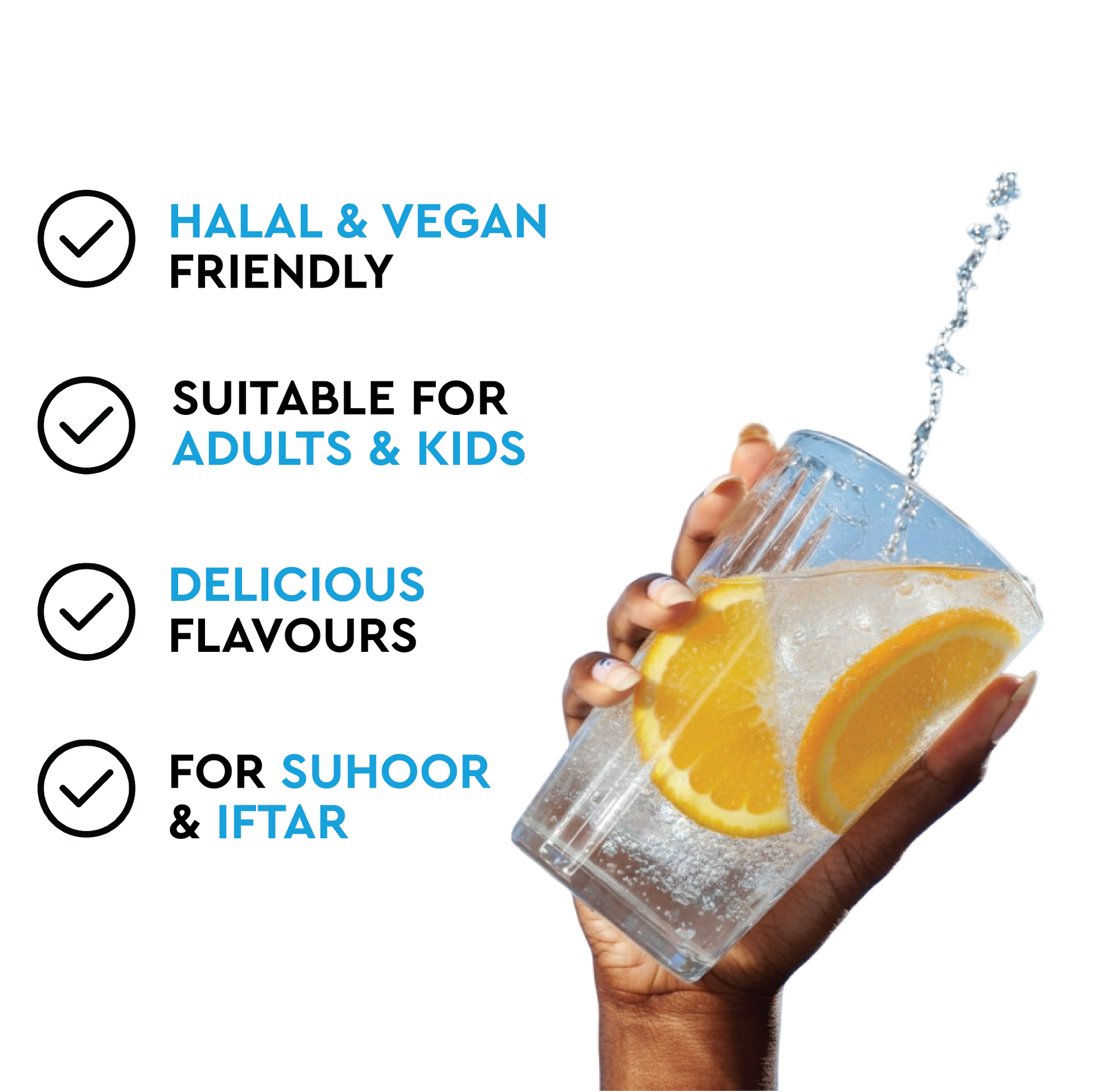 O.R.S Hydration Ramadan product unique selling points graphic, highlighting hydration benefits during fasting